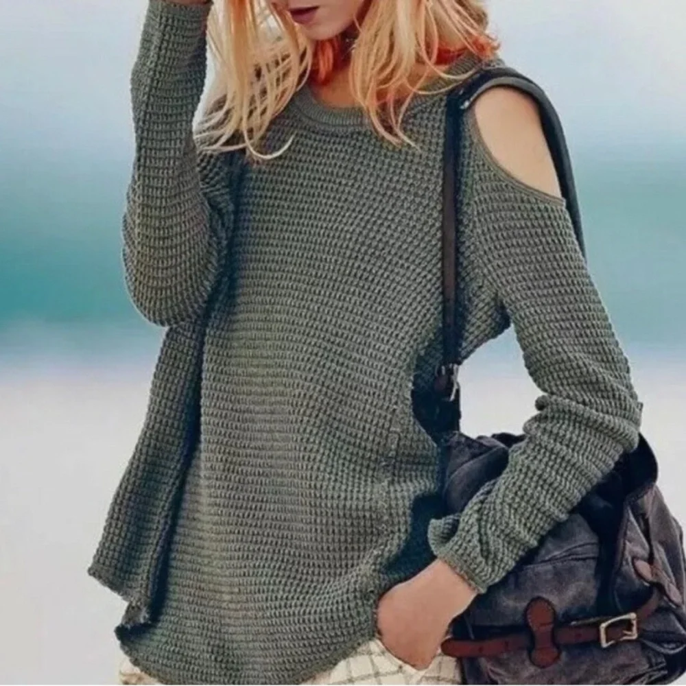 Free People Olive Green Cold Shoulder Waffle Knit Top